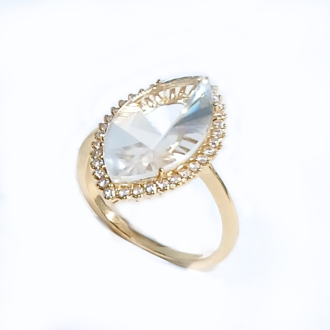 Anel Navet Espelho em ouro 18k , com 35 pedras