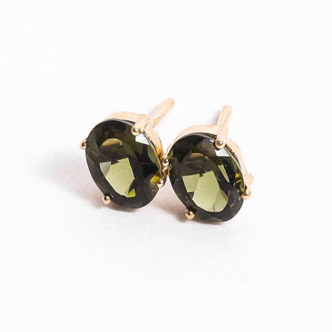 Brinco Caixa Oval em ouro 18k , com 2 pedras